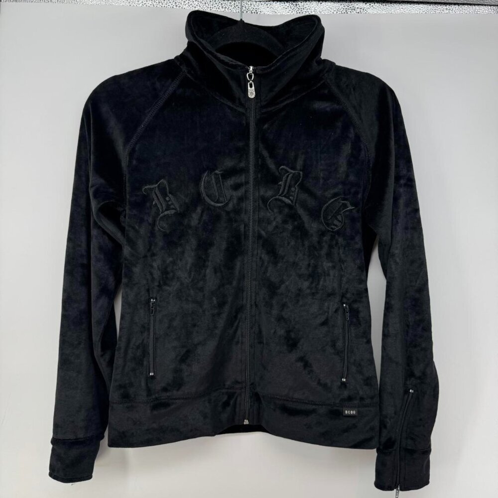 BCBG Y2K Max Azria Women’s Velour Zip Jacket S Black Gothic Embroidered Logo - Picture 1 of 6
